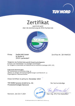 TÜV certificate Fachbetrieb nach WHG